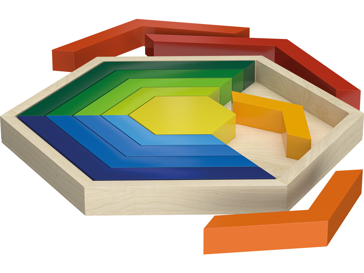 LUPILU Malkittel: Kleurrijke zeshoekige puzzel met houten frame en geometrische stukken.