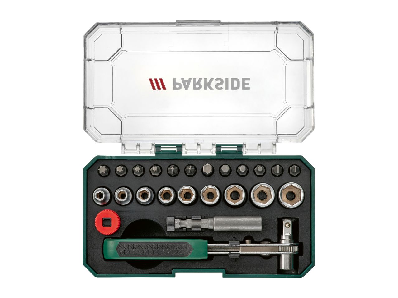 A Parkside ratchet and bit set in a clear and green case.