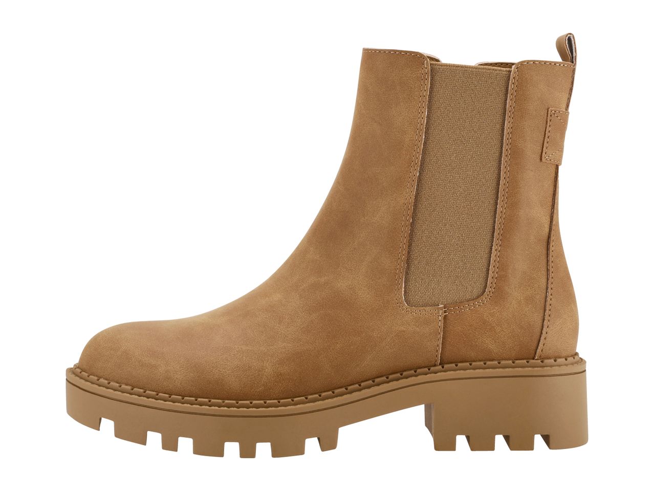 A single tan Chelsea boot with a lug sole on a white background.