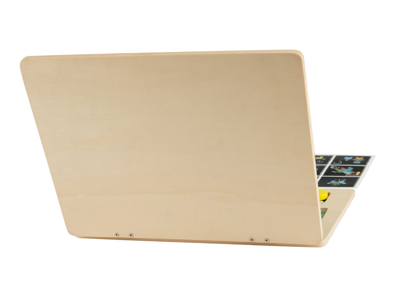 Wooden toy laptop with a screen displaying colorful patterns