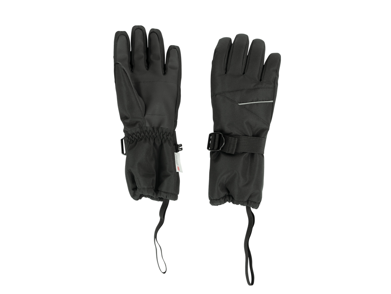 Pair of black ladies' ski gloves with adjustable wrist straps and reflective details.