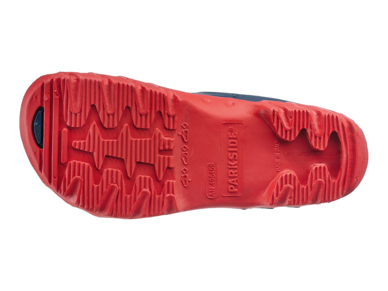 Red and blue shoe sole with a textured grip pattern and embossed text.