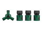 Green Y-distributor and three hose connectors for garden watering.