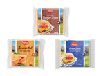 Tre pakker bløde osteskiver: Burger Style, Emmental og Burger Slices.
