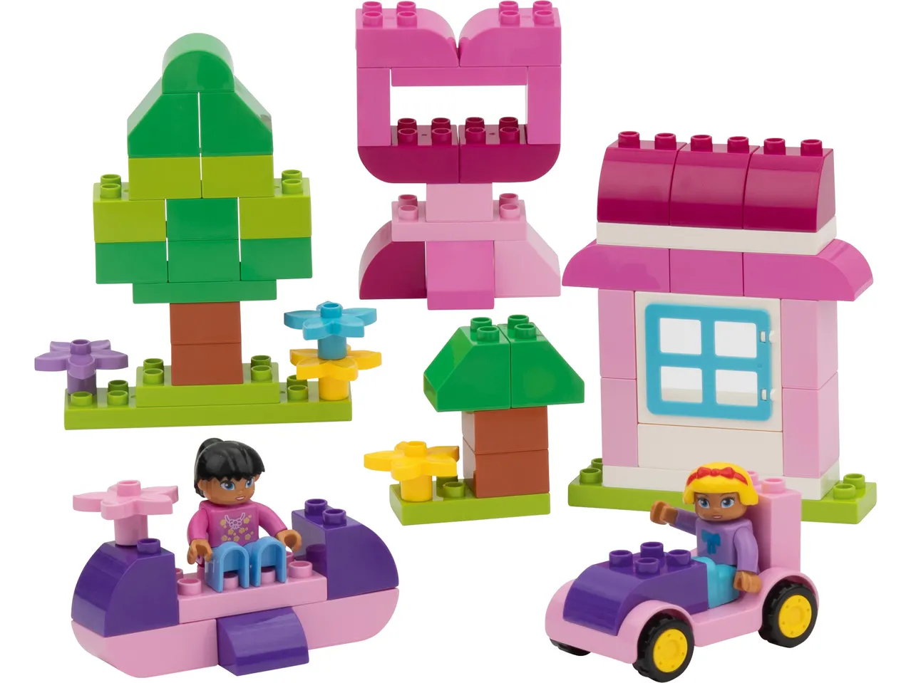 Lupilu® Clippys Junior konstravimo kaladėlių rinkinys su namu, medžiais ir dviem figūrėlėmis transporto priemonėse.