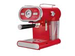 Red retro-style espresso machine with a pressure gauge and steam wand.