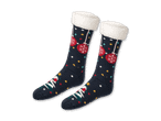 Dunkelblaue Weihnachtssocken mit flauschigem weißem Bund und festlichen Motiven
