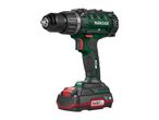A green and black cordless drill with a battery pack attached.