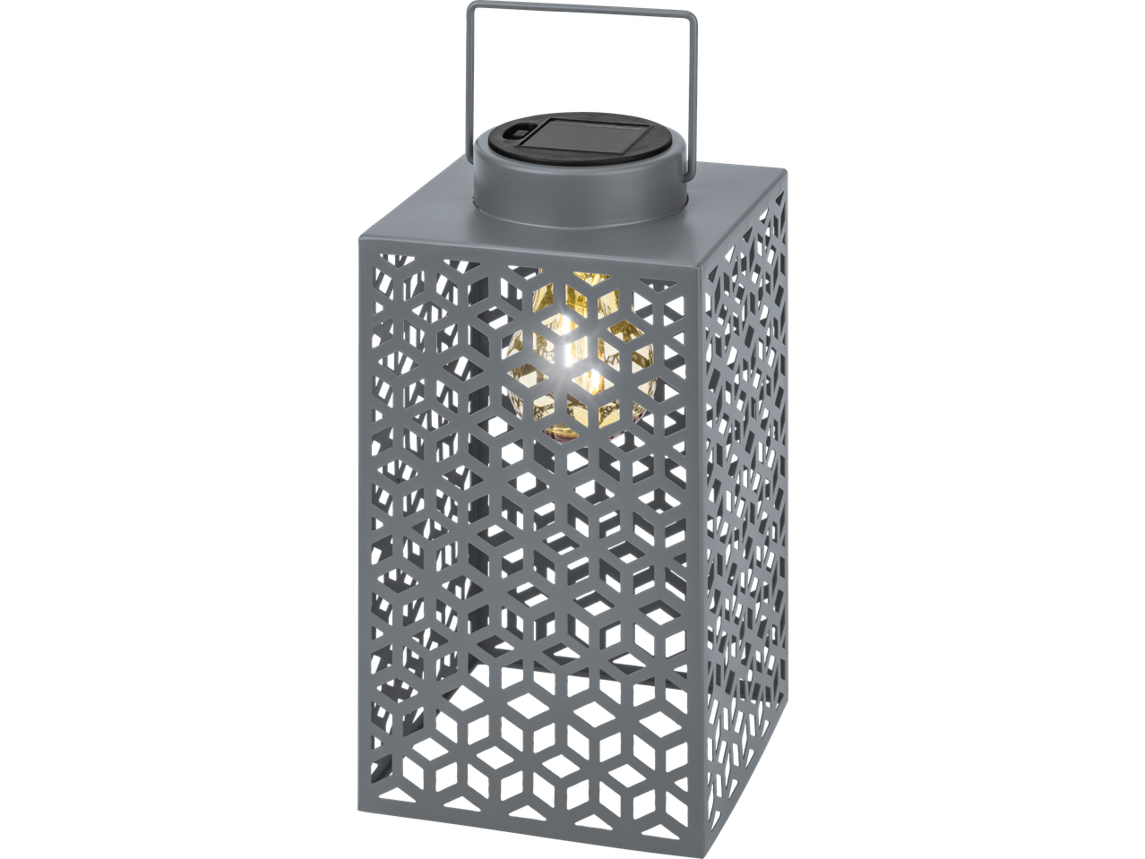 Siva LED solarna lampa sa izrezanim geometrijskim dizajnom i toplim svetlom.