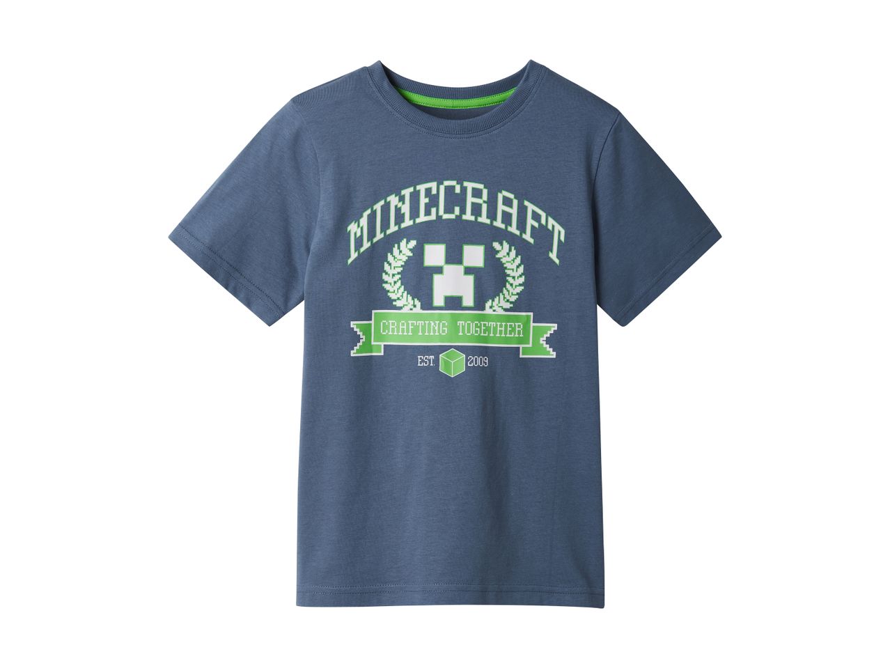 En blå Minecraft børne t-shirt med et tryk af Minecraft logoet.