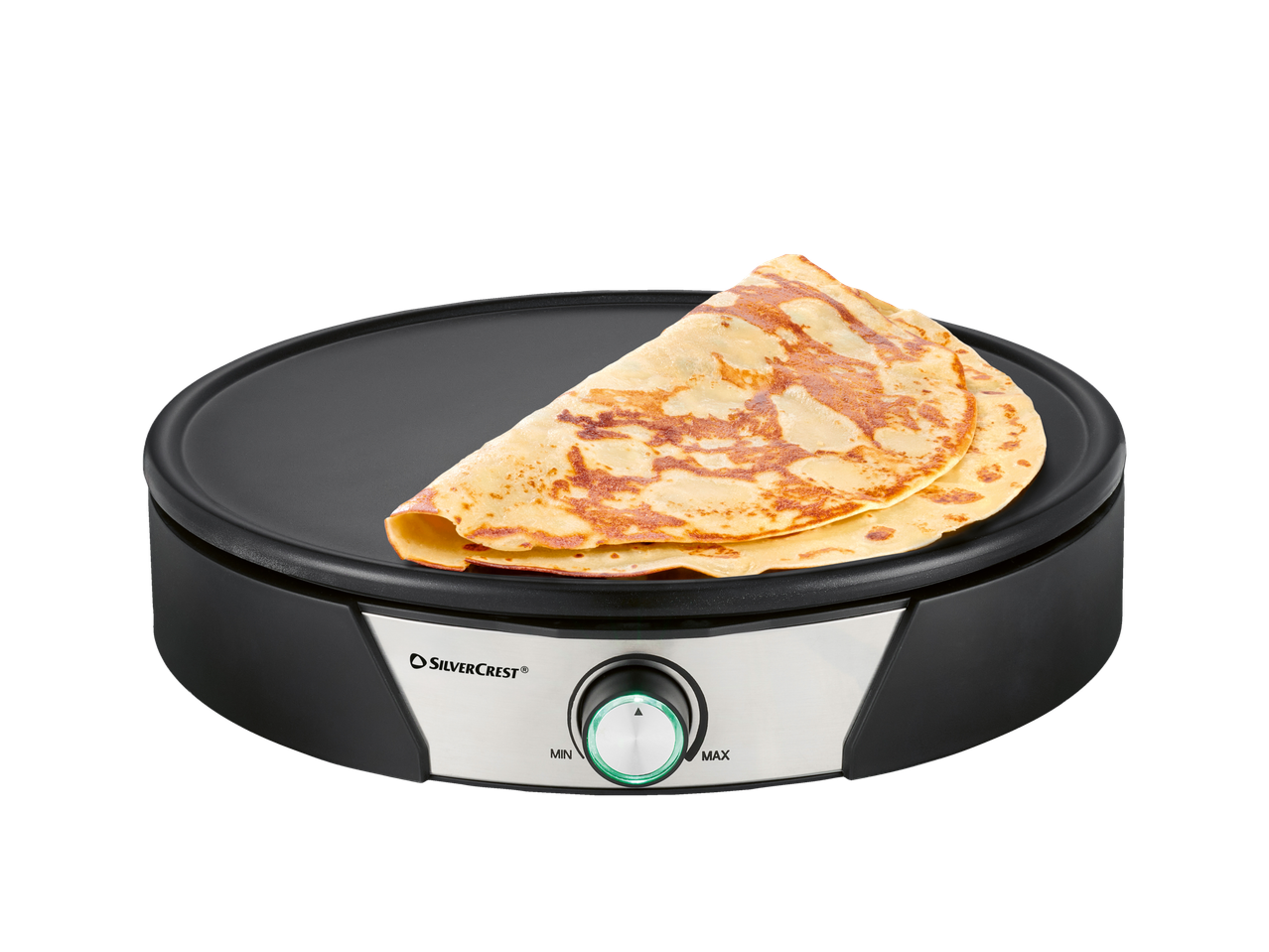 Електрическа плоча за палачинки Silvercrest® със сгънат палачинка върху плочата.