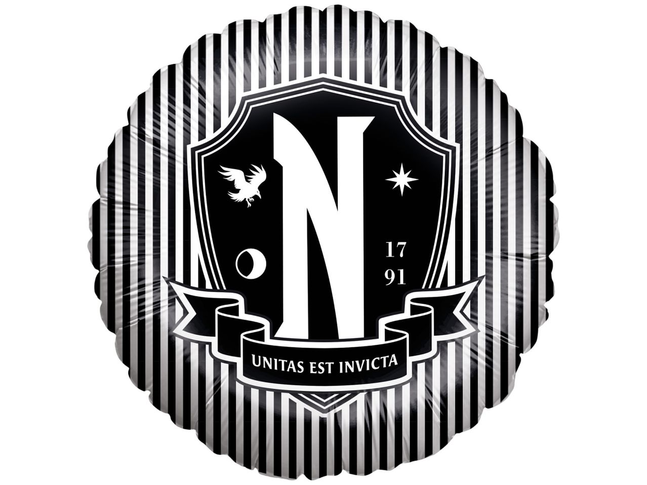 Black and white striped foil balloon with a crest featuring a large 'N', a bird, a star, a crescent moon, the numbers '17 91', and a banner with 'UNITAS EST INVICTA'.