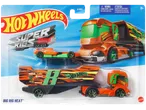 Hot Wheels Super Rigs Big Rig Heat set with an orange truck, trailer, and race car.