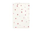 White fitted sheet with a pattern of red and pink strawberries.