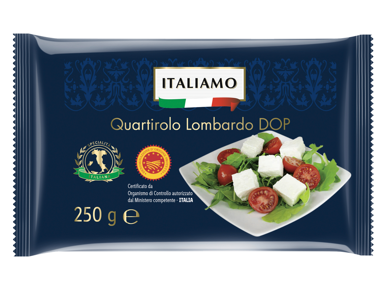 ITALIAMO Quartirolo Lombardo DOP 250g, com cubos de queijo, tomate e rúcula.