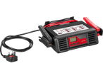Car battery charger with cables, clamps, and a display showing battery type and mode options.