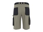 Back view of beige and black work shorts with multiple pockets.