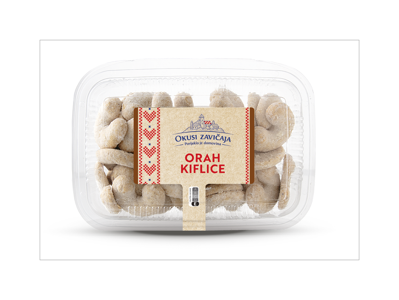 Pakiranje Orašnih kiflica Okusi zavičaja s Nutri-Score E oznakom.