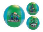 Three inflatable beach balls with green and blue panels, featuring characters and scenes from a popular block-building video game.