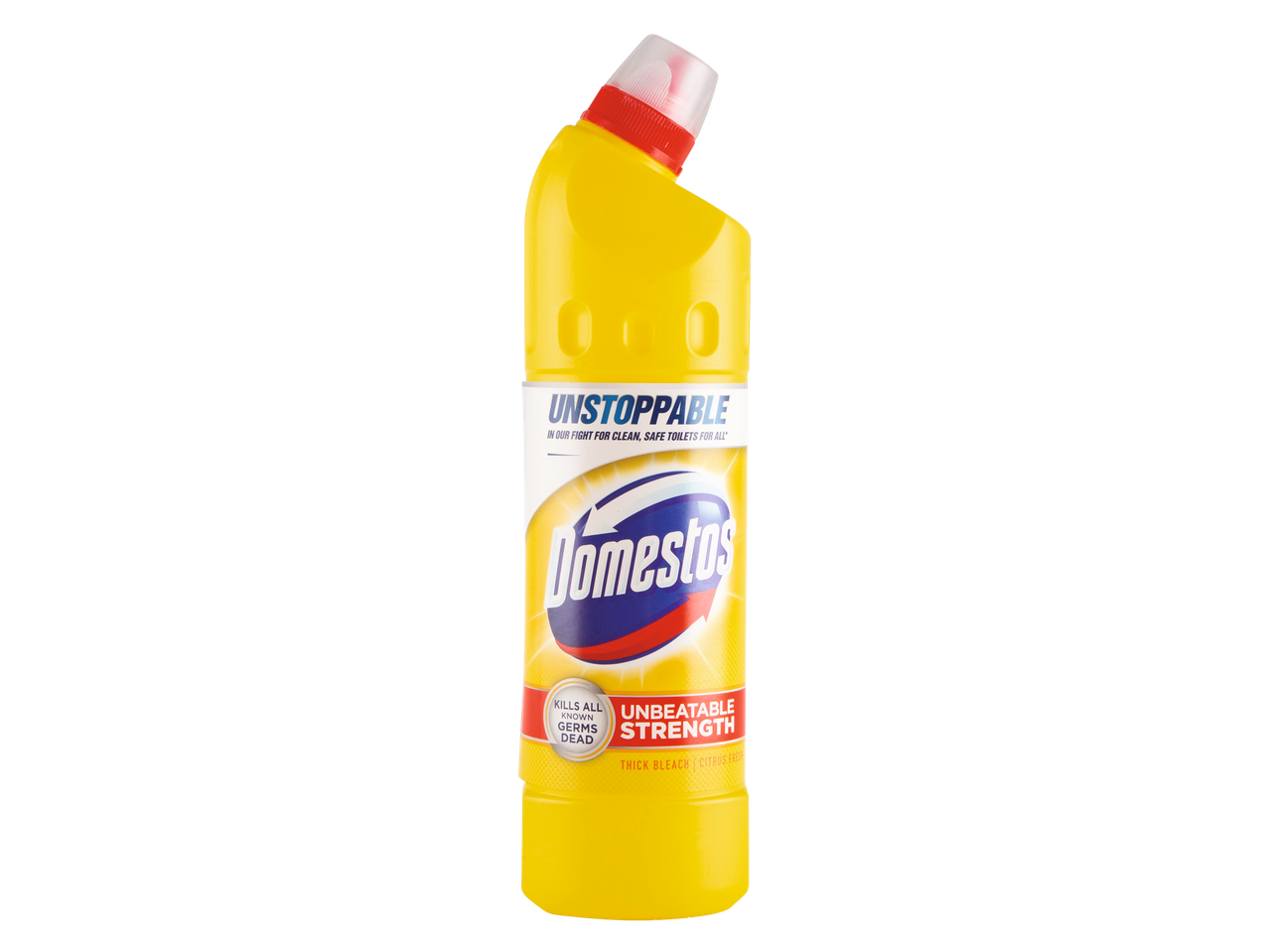 Domestos Unstoppable Thick Bleach in a yellow bottle.