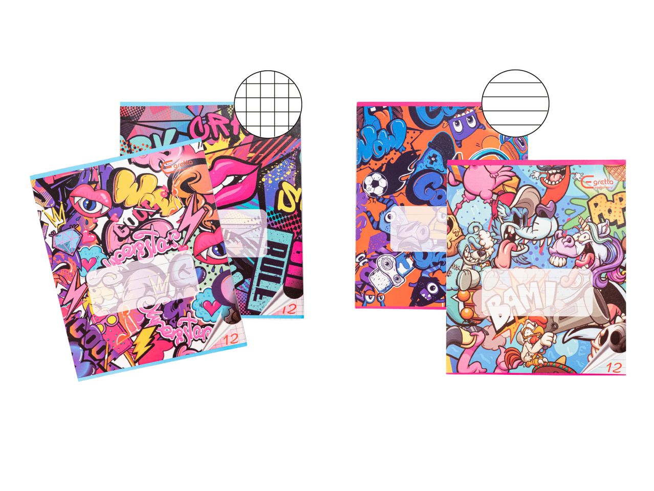 Greta Stationery prekės ženklo sąsiuviniai su ryškiais grafiti stiliaus piešiniais.