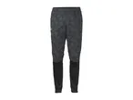 Dark grey patterned athletic pants with black lower legs and elastic waistband