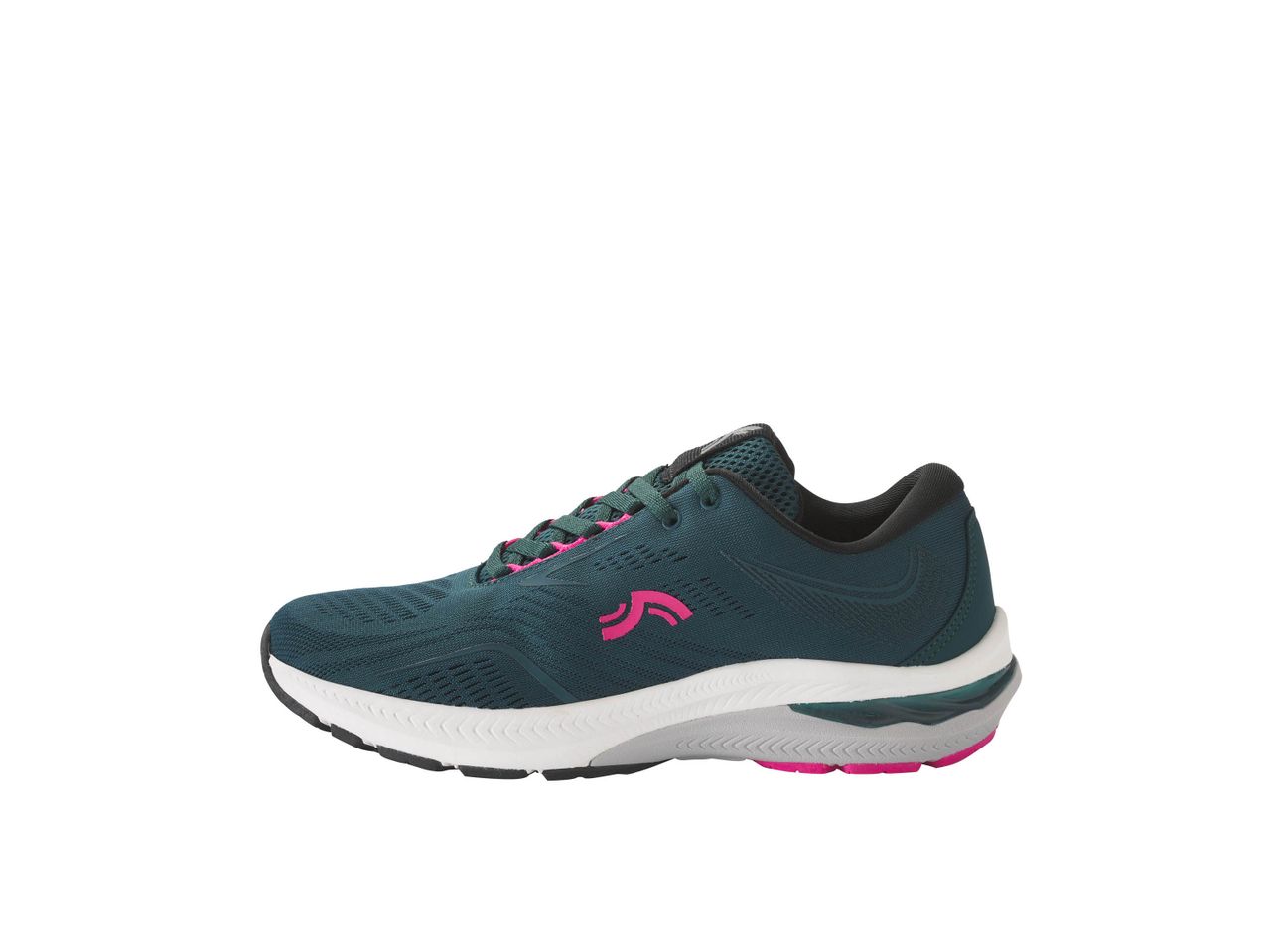 Scarpa da corsa verde acqua con accenti fucsia e suola bianca.