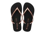 Pair of black flip-flops with rose gold straps, featuring size markings and a palm tree logo.