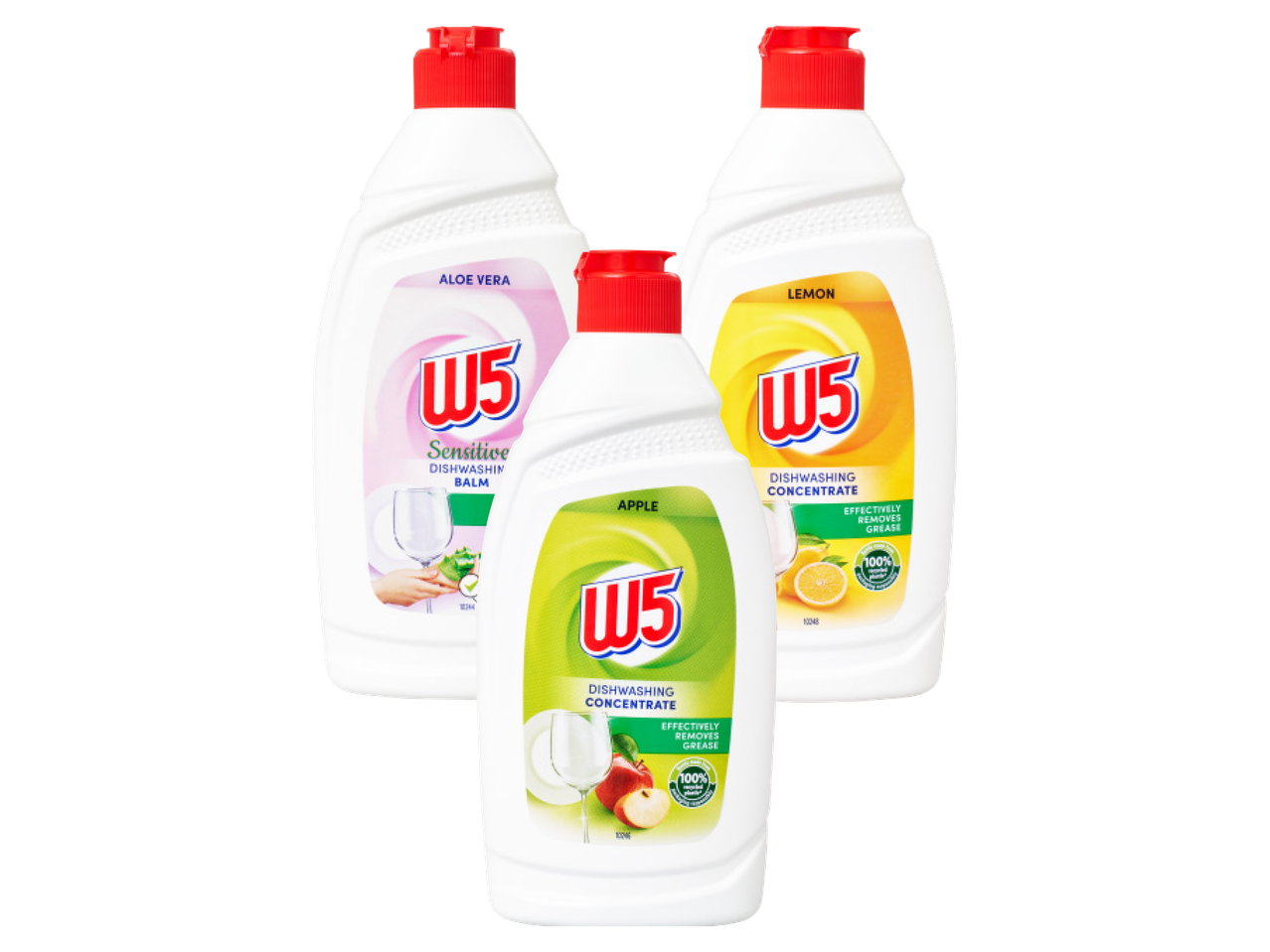 Trīs W5 trauku mazgāšanas līdzekļi: alveja, citrons un ābols.