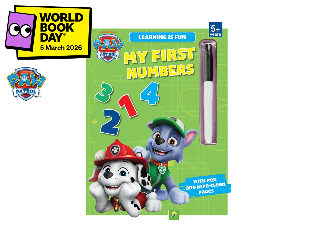 A children's learning book featuring cartoon dogs and numbers, with a World Book Day banner.
