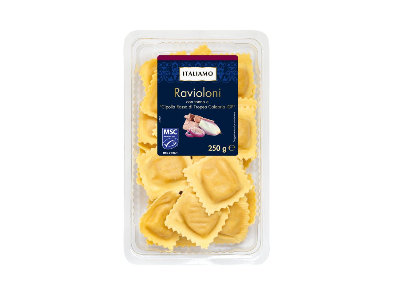 Ravioli Barilla al formaggio in confezione di plastica.