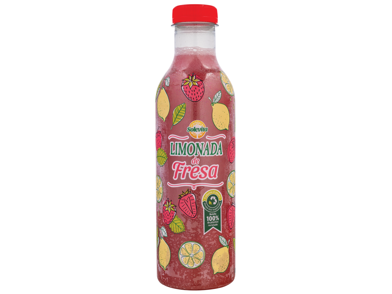 Limonada de morango Solevita numa garrafa feita com 100% plástico reciclado.