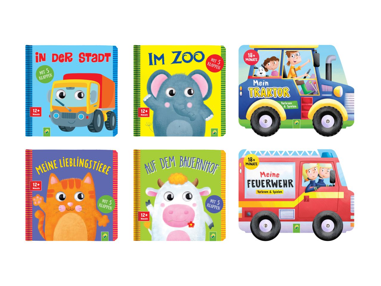 Sechs illustrierte Kinderbücher zu den Themen Tiere und Fahrzeuge.