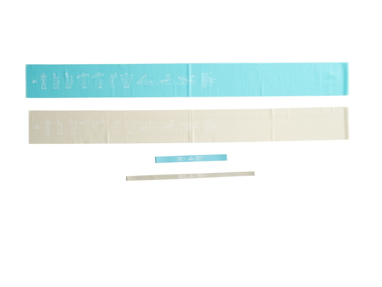 Set di bande elastiche per esercizi Crivit, in colori pastello, con istruzioni per l'uso.