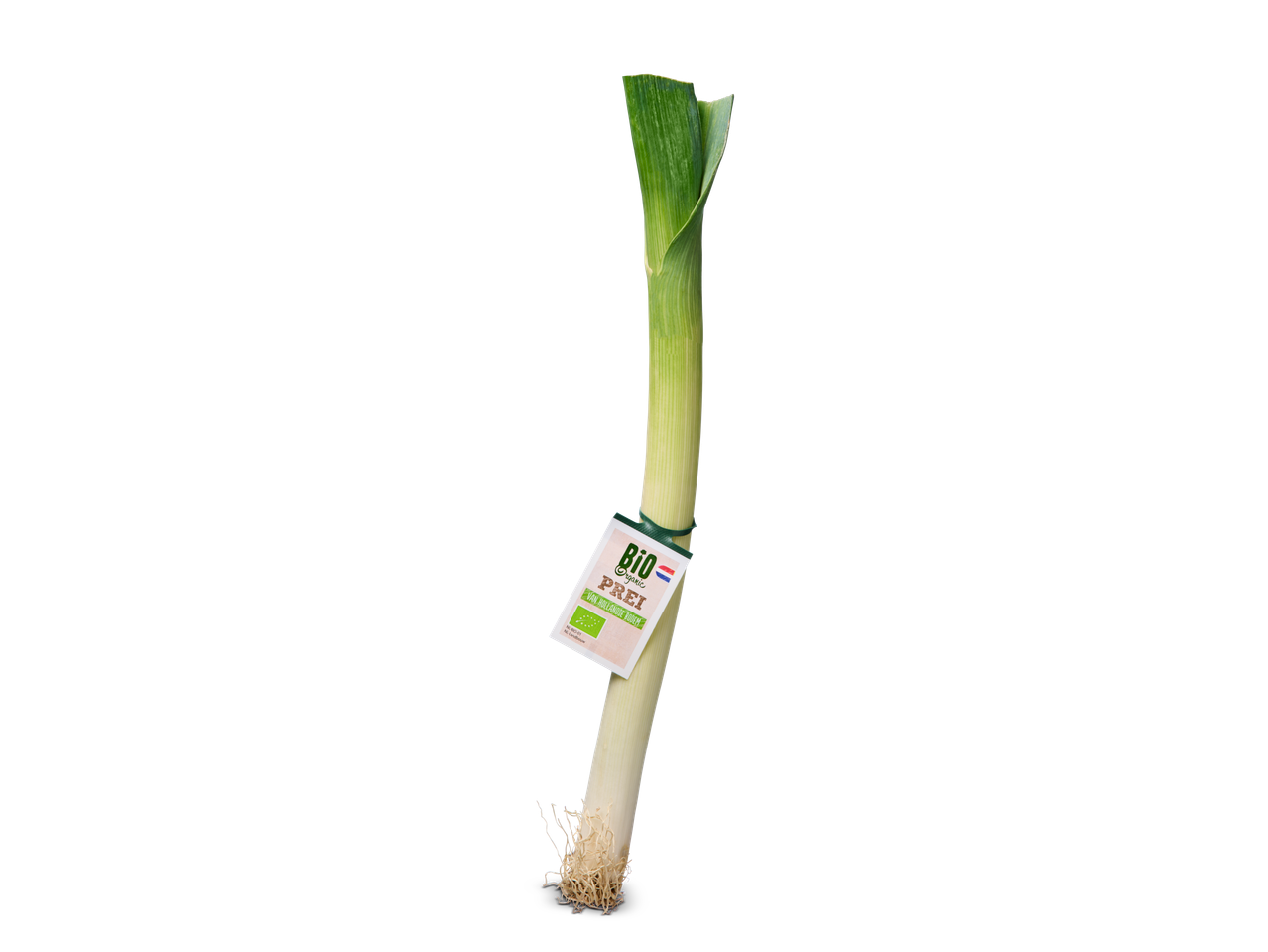 Biologische prei van Hollandse bodem met een groen label op een zwarte achtergrond.
