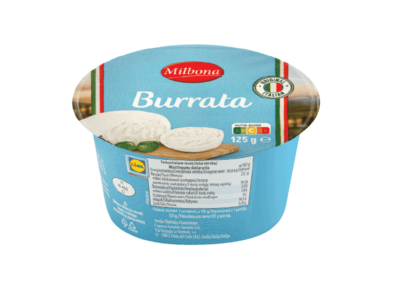 Milbona Burrata sūris su Nutri-Score A ženklu, 125 g pakuotėje.
