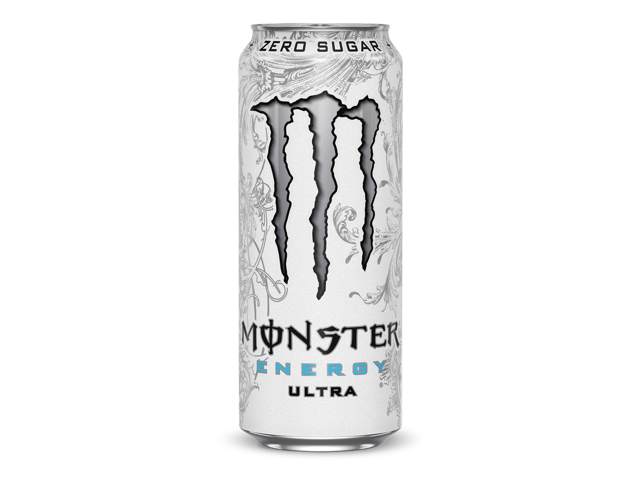 Een witte energiedrank met een klauwlogo en de tekst 'ZERO SUGAR ENERGY ULTRA'.