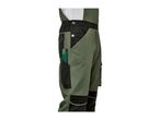 Green and black work overalls with a folding rule in the side pocket.