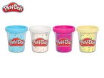 Four clear containers of Play-Doh with colorful confetti, each with a different colored lid.