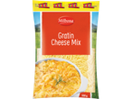 Milbona Gratin Cheese Mix XXL, com um prato gratinado e queijo ralado.