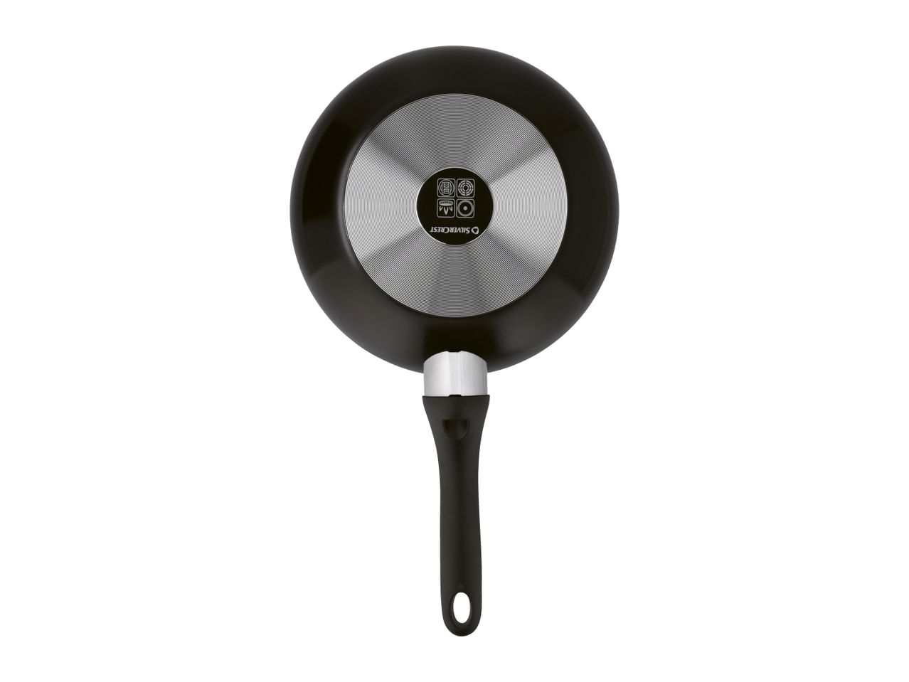 Silvercrest frying pan with a black handle and a silver base, viewed from the bottom.