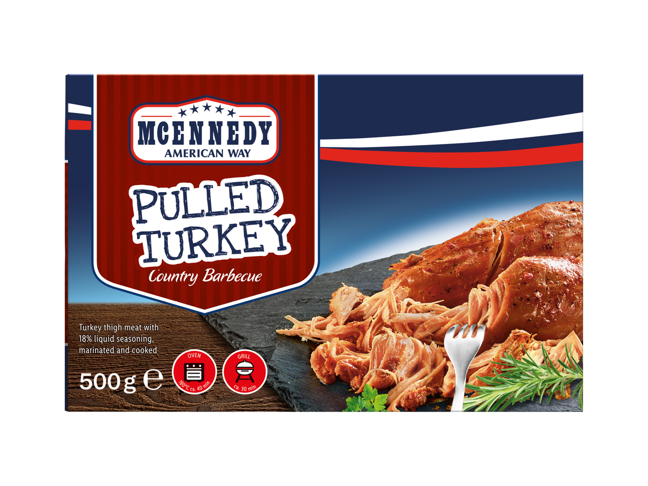 Pakiranje trgane puretine s roštilja, s informacijama o težini i pripremi.