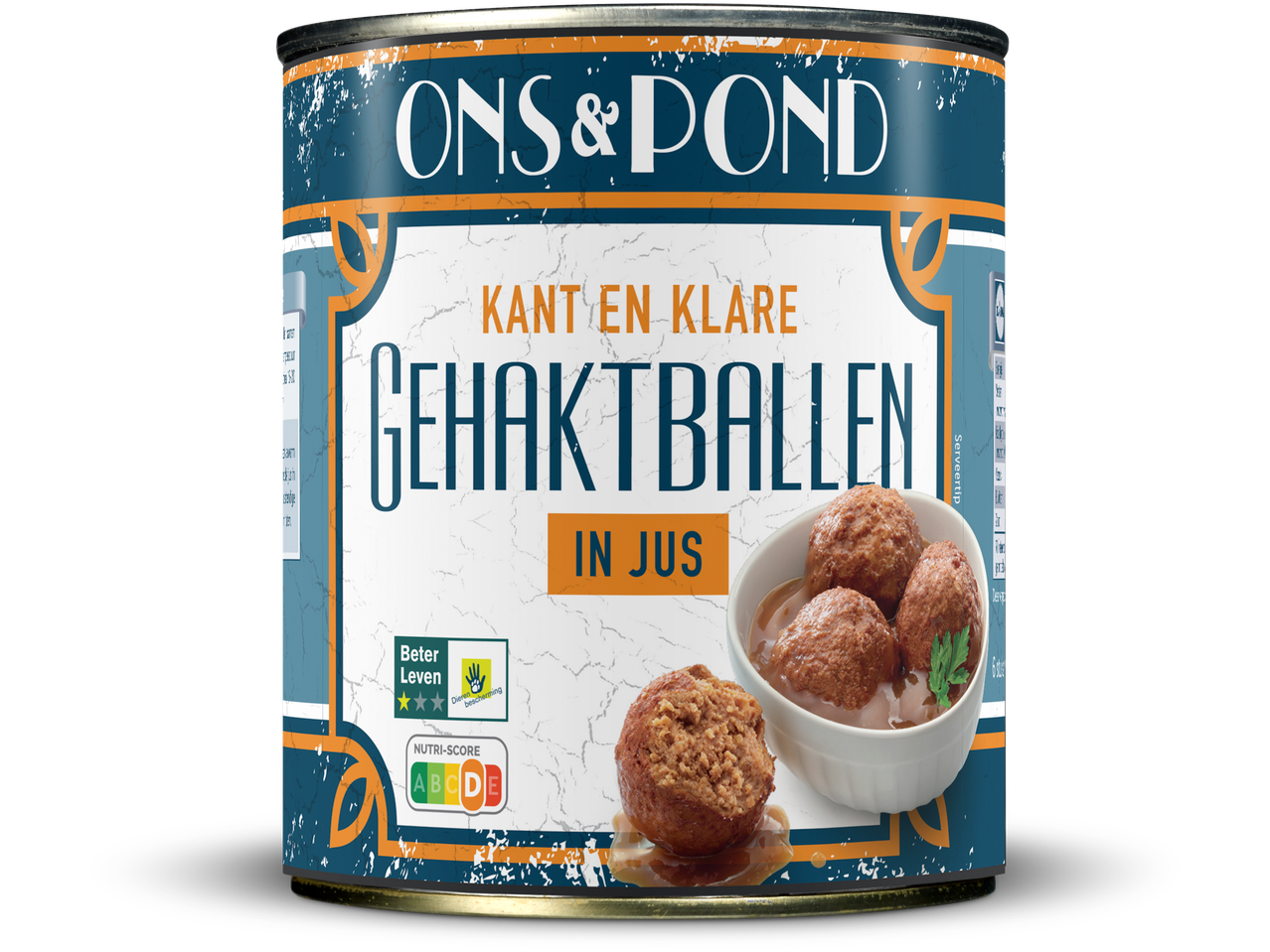 Een blikje met de tekst 'ONS & POND KANT EN KLARE GEHAKTBALLEN IN JUS' en een Nutri-Score D.