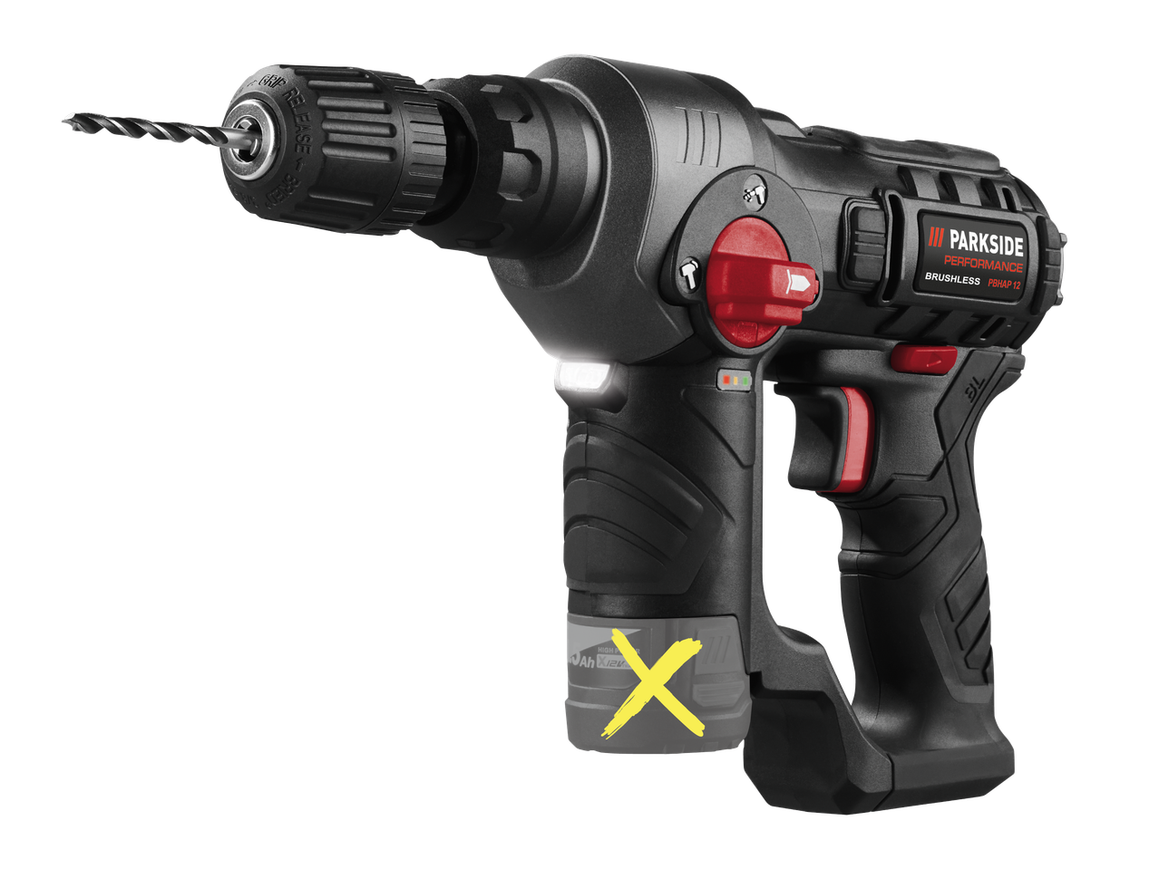 Акумулаторна ударна бормашина с безчетков мотор и свредло, с червени акценти и индикатор за батерията.