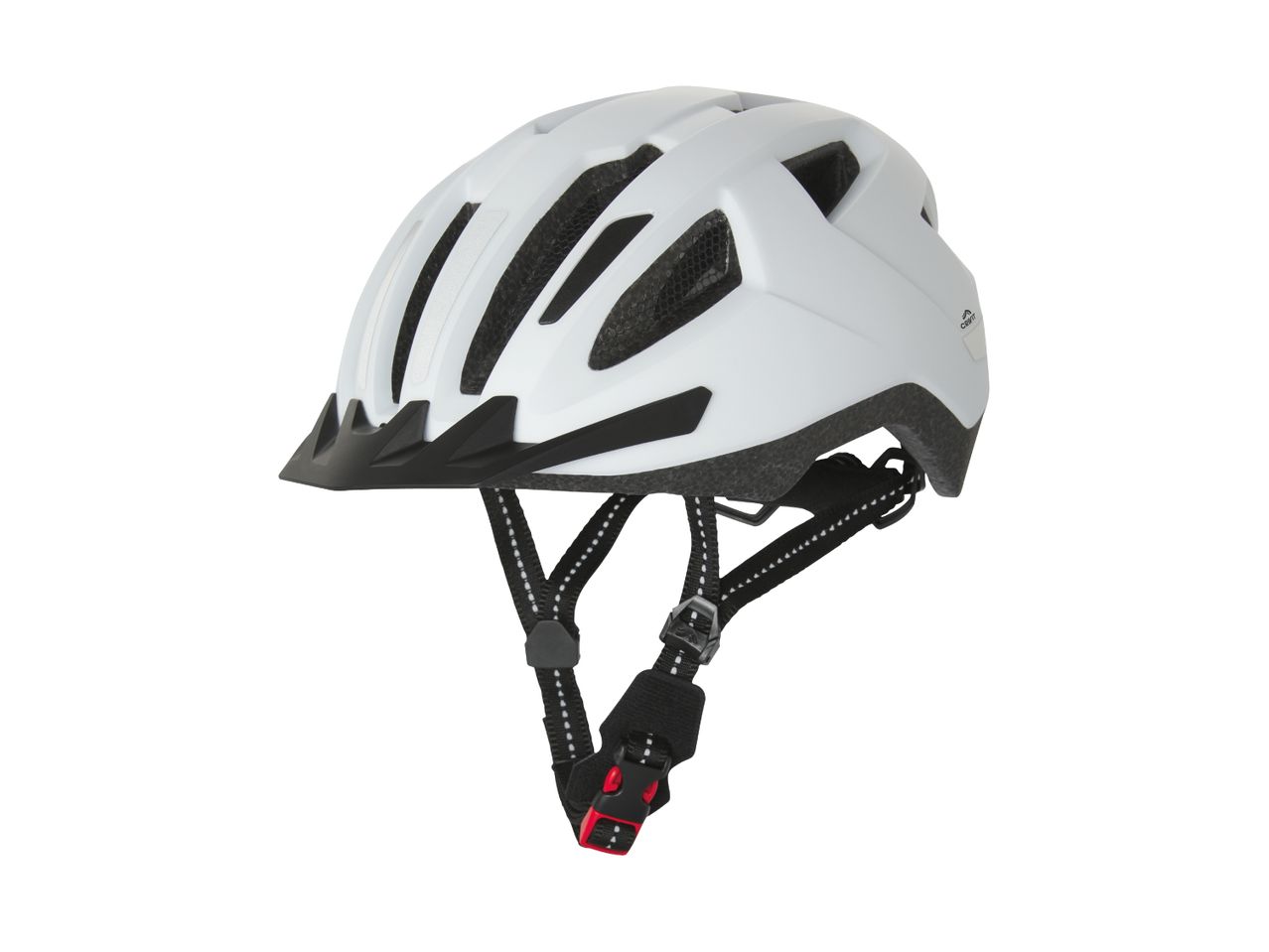 White bicycle helmet with black visor and straps