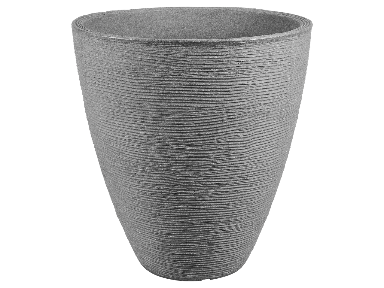 Szürke virágcserép vízszintes dombornyomott csíkokkal