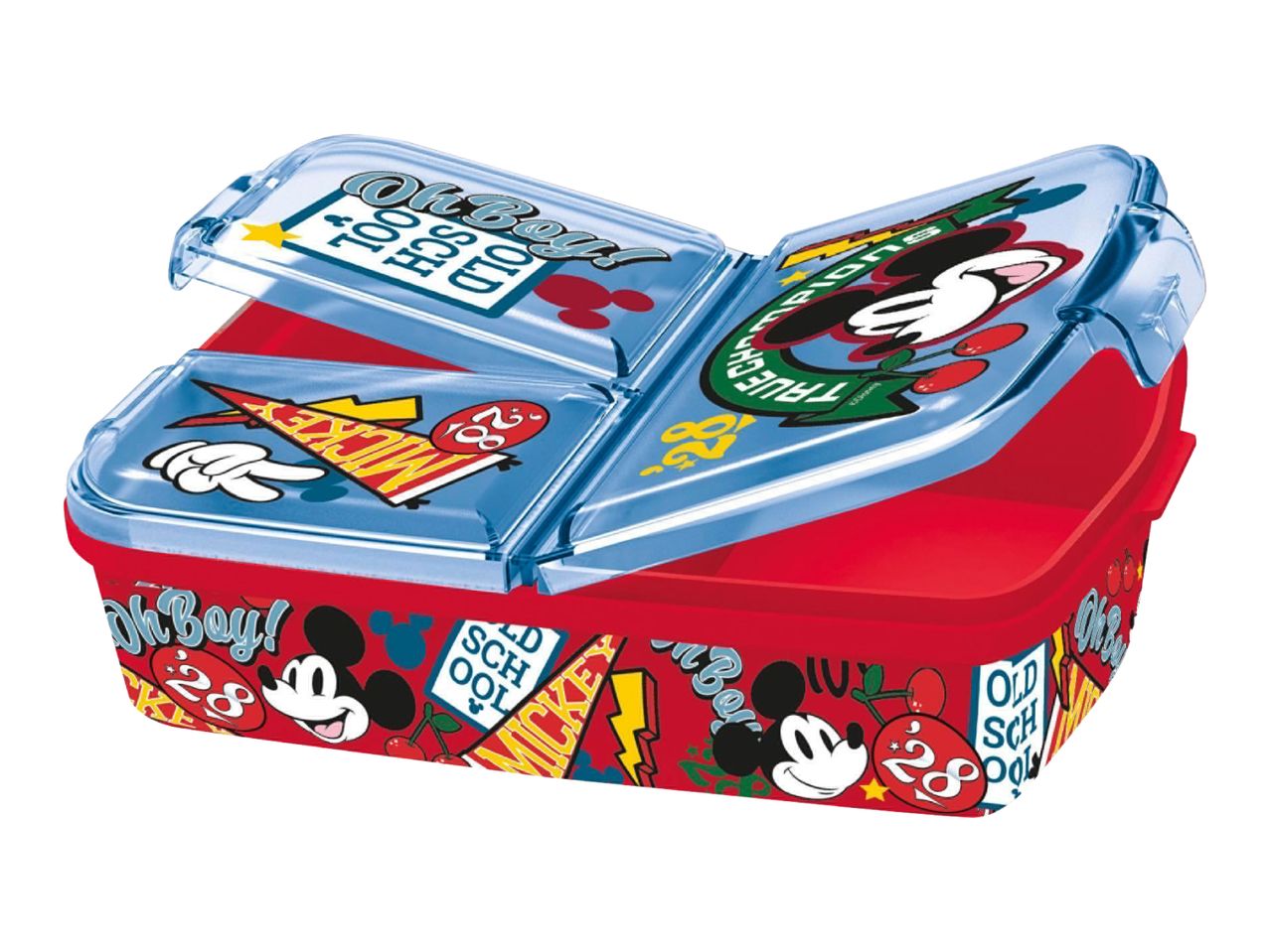 Red lunchbox with a blue lid, featuring cartoon character designs and text like 'Oh Boy!' and 'Old School'.