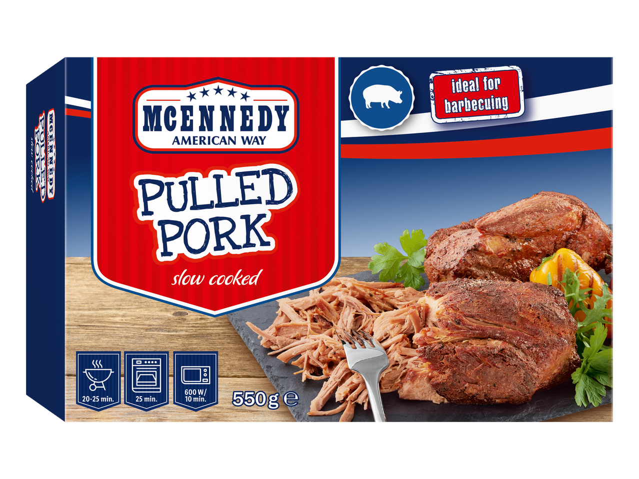 MCENNEDY Pulled Pork iepakojums ar gatavošanas instrukcijām un pasniegšanas ieteikumiem.