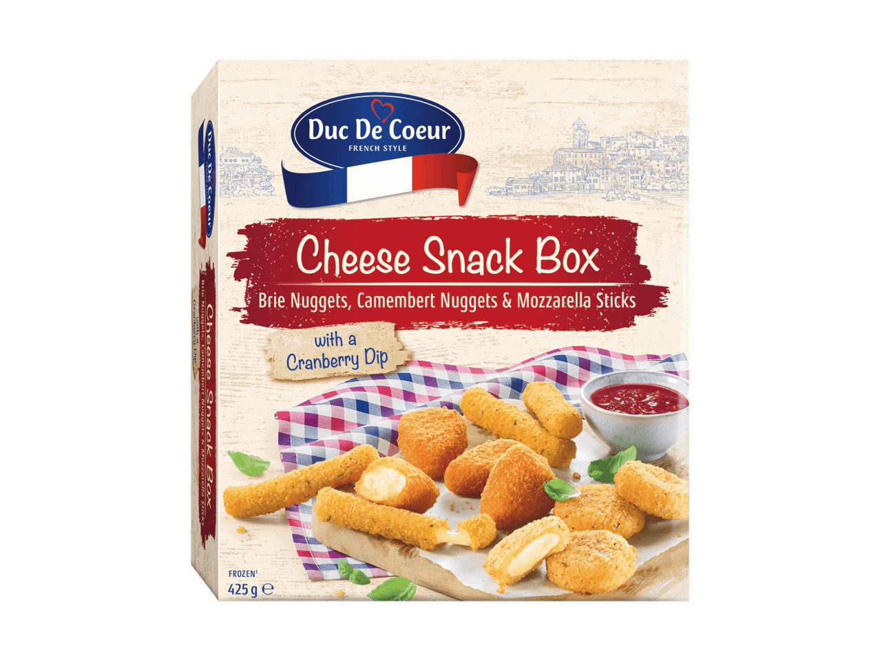 Scatola di snack al formaggio Duc De Coeur con bocconcini di brie, camembert e bastoncini di mozzarella.