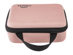 Pink rectangular hard case with a black zipper and handle, viewed from above.